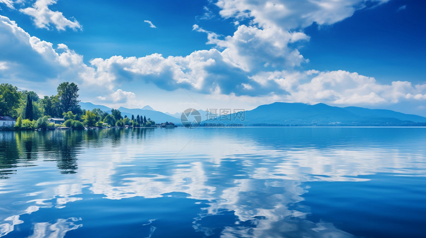 蓝天下平静的湖泊图片
