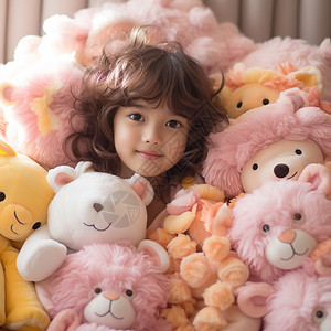 毛绒玩具包围的小女孩图片