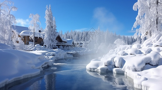 温暖的冬季室外温泉高清图片