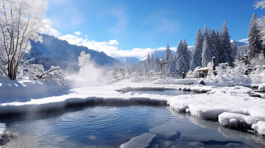 冬季惬意的户外温泉图片