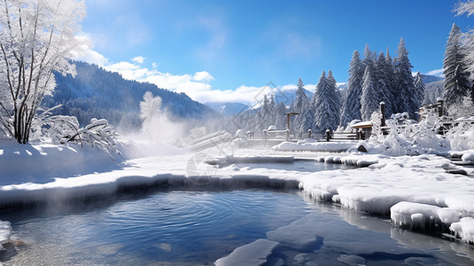 冬季惬意的户外温泉图片