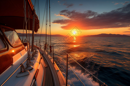 海面航行日落时海面上的游艇背景