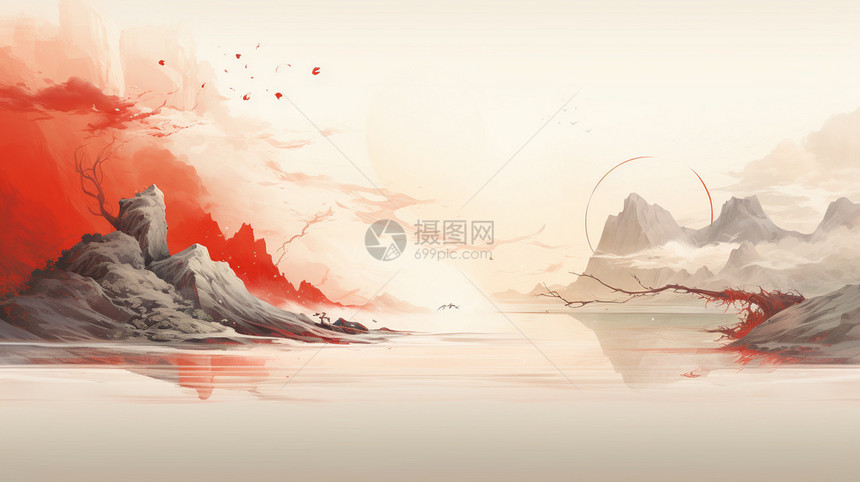 极简风格的中国风山水画图片