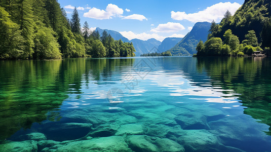 夏天森林湖泊的美丽景观图片