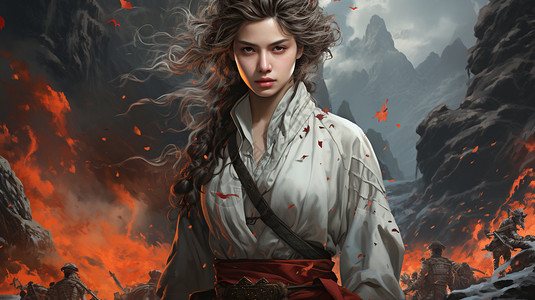 烽火连天战场上的女战士背景图片