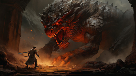 火焰剑勇敢的剑客与巨型怪兽插画