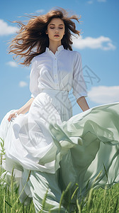 草地上裙摆飘逸的女士背景图片