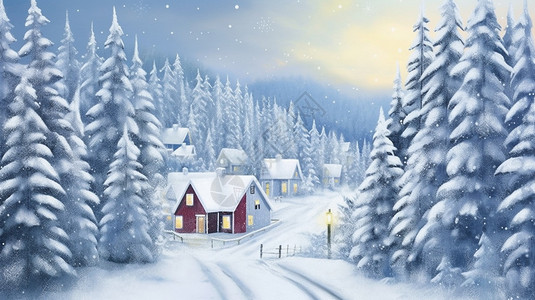 巴尔杉木大雪覆盖的树林小木屋插画