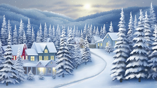 冬季杉木林中的房屋背景图片