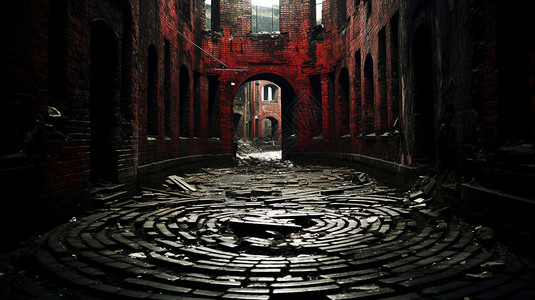废弃的红砖建筑内部背景图片