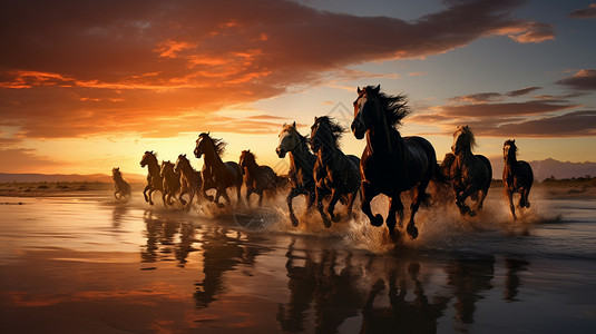 河面上奔腾的马群景观图片