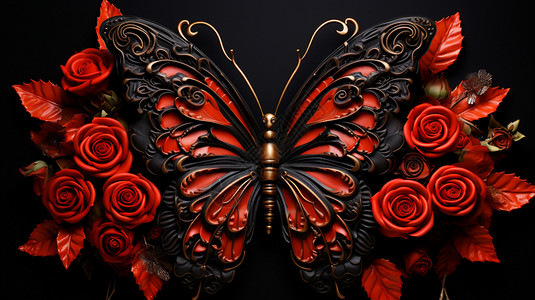 美丽的金属质感玫瑰蝴蝶图片