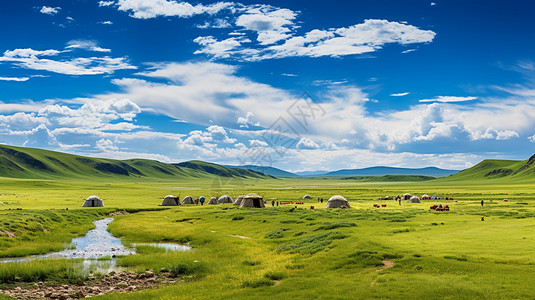 广袤无垠蓝天白云下的内蒙古草原背景