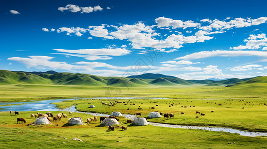 免抠牧场马群辽阔的内蒙古大草原背景