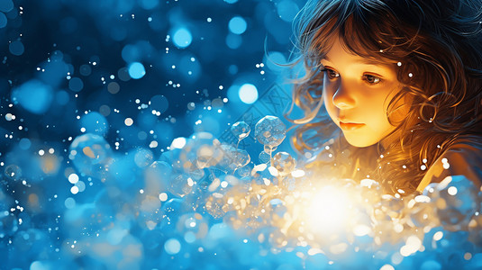 蓝色闪耀灯光闪耀气泡中的小女孩背景插画