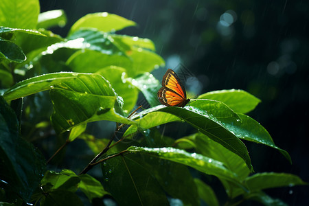 雨天绿色树叶上的蝴蝶图片