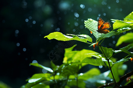 雨天蝴蝶在树叶上展翅高清图片