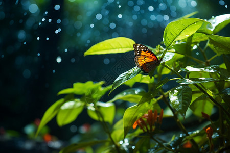 蝴蝶在有露水的树枝上背景图片