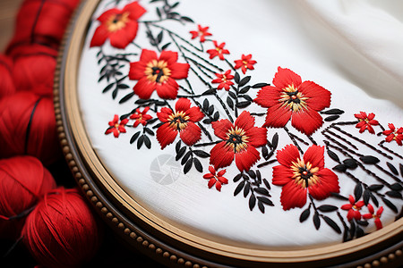 精美线条刺绣红色花朵背景