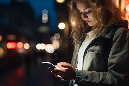 夜晚街头正在看手机的年轻女性背景图片