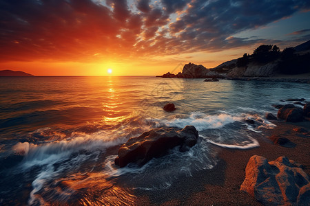 太阳下山海滩边背景图片