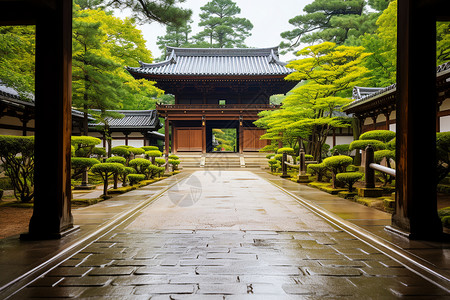 雨后的寺庙入口背景图片