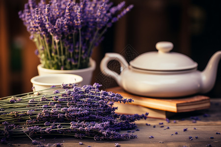 紫色的花朵与茶壶图片