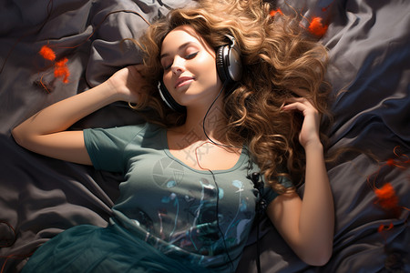 愉快的睡眠床上放松听音乐的女子背景