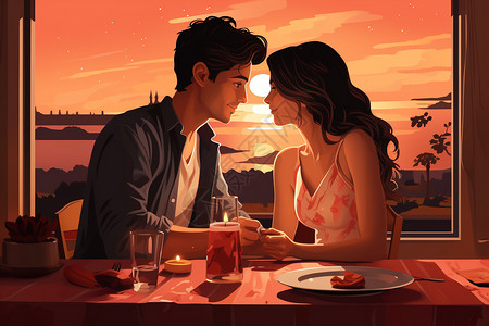 浪漫双人餐接吻的瞬间插画