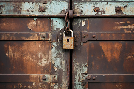 钥匙和锁生锈的大门和铁索背景