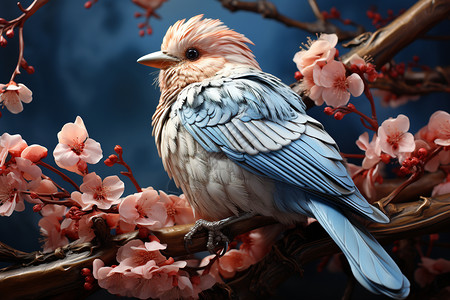 樱花和麻雀花朵下的蓝色麻雀插画