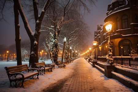 粉红公园小巷下雪中的街道背景