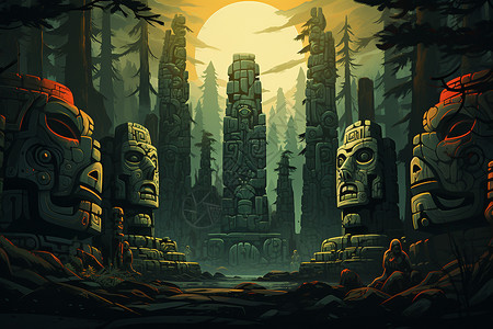 奇异石雕的丛林插画背景图片