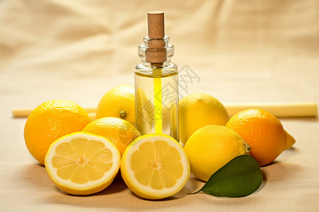 天然橄榄护肤品一杯香橙柠檬油摆放在上背景