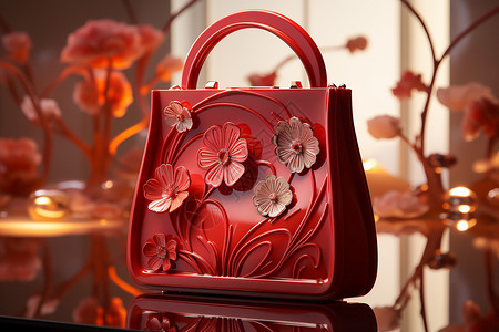 女式手袋立体花朵红色手提包背景