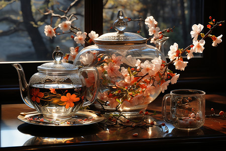 茶具中的花朵图片