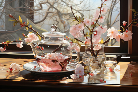 玻璃茶壶里的花茶背景图片