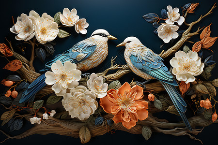 丝绸花鸟刺绣背景图片