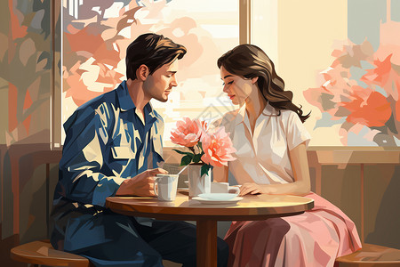 咖啡厅交谈咖啡厅中的浪漫情侣插画