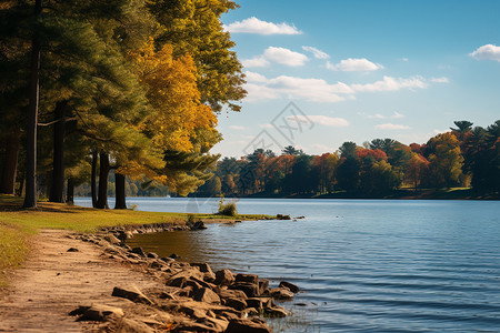 秋意浓郁的湖边景色图片