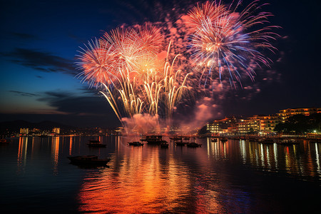 国庆节夜晚海边的狂欢之夜背景