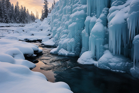 冬天树林里结冰的瀑布图片