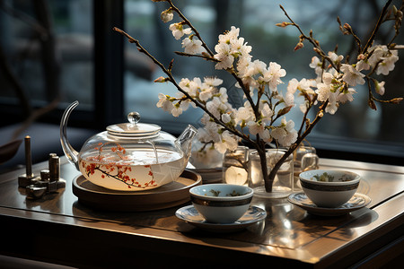 理想照耀中国午后阳光照耀下的茶具背景
