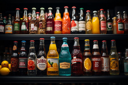 五彩斑斓的饮料陈列在超市货架上图片
