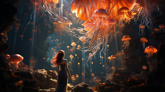 海底的女孩和水母背景图片