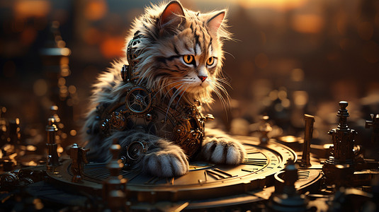 坐在管子上的猫时钟齿轮上的猫咪设计图片