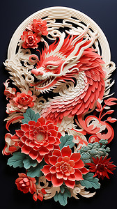 中国年剪纸龙年窗花剪裁的红色龙插画