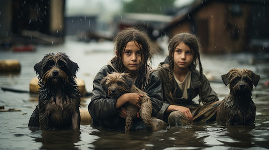 暴雨等待救援的女孩和小狗图片