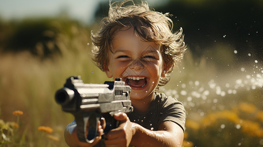 玩水枪的小男孩背景图片