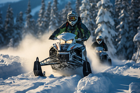 冬季雪山中的雪地摩托车图片